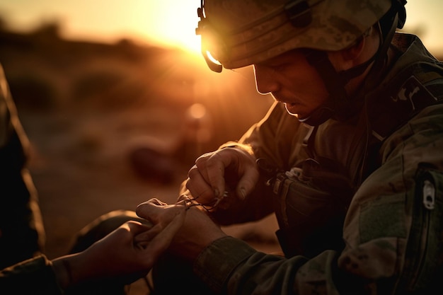 A soldier in a helmet is sitting on a sand dune.