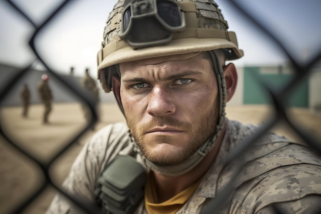 A soldier in a helmet looks through a fence.