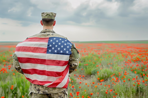 Photo soldier holding american flag in a red poppy field memorial day generative by ai