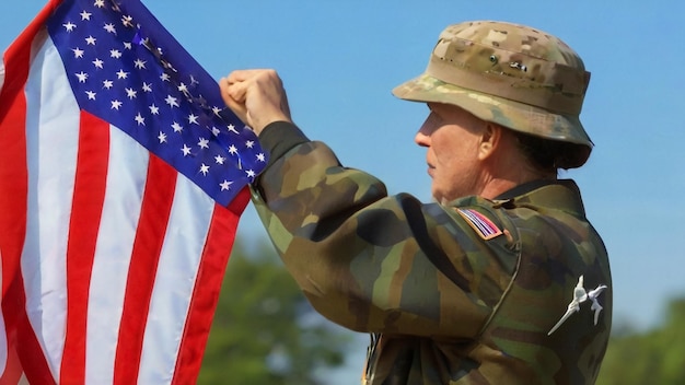 a soldier holding a flag that says  us army