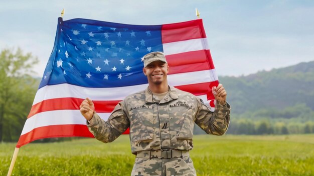 a soldier holding a flag that says  us army