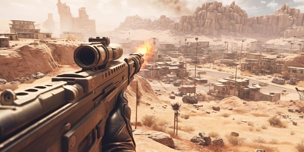 Photo soldier holding a gun with a ruined city in the desert background generative ai