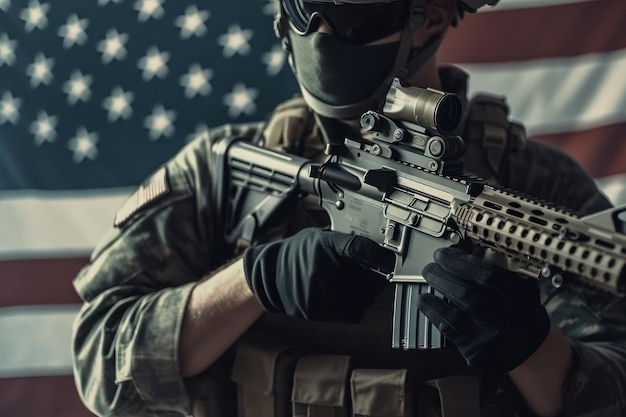 A soldier holding a rifle in front of a flag