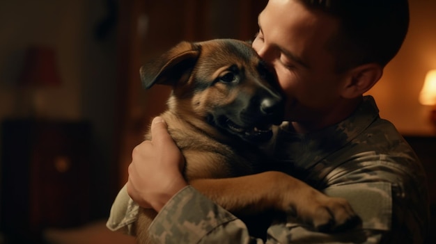 배치 후 집으로 돌아온 병사가 개를 포옹하는 정신 건강 이미지 사진 현실적인 일러스트레이션