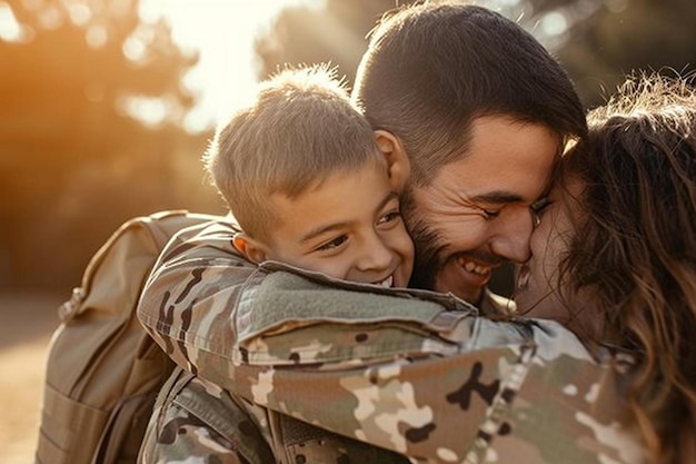 a soldier hugs a young boy in a military uniform