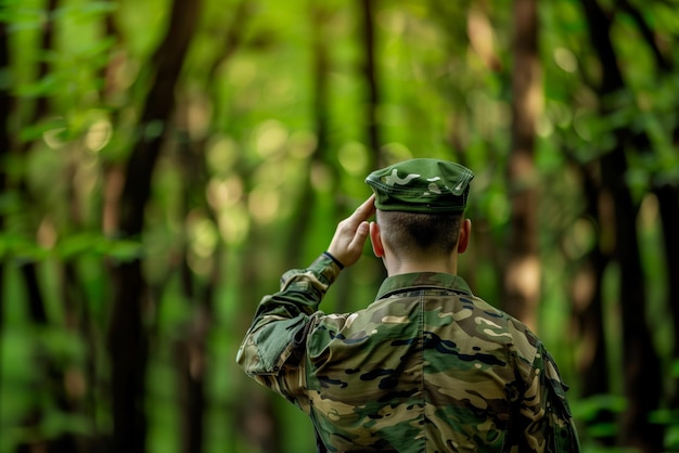 写真 カモフラージュのユニフォームを着た兵士が森で敬礼している