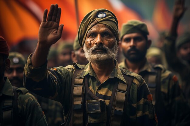 Фото Солдат в шлеме, держащий пулемет с национальным флагом на фоне индии
