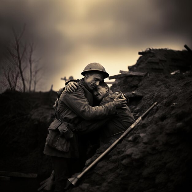 Photo a soldier is carrying a soldier in a military uniform