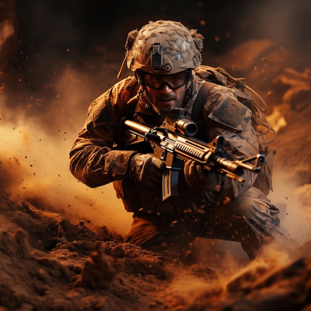 Солдат в грязи с пистолетом в руке.