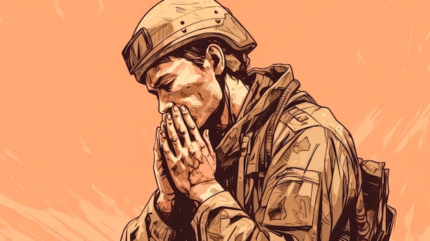 Солдат молится за военную иллюстрацию, генерирующую искусственный интеллект