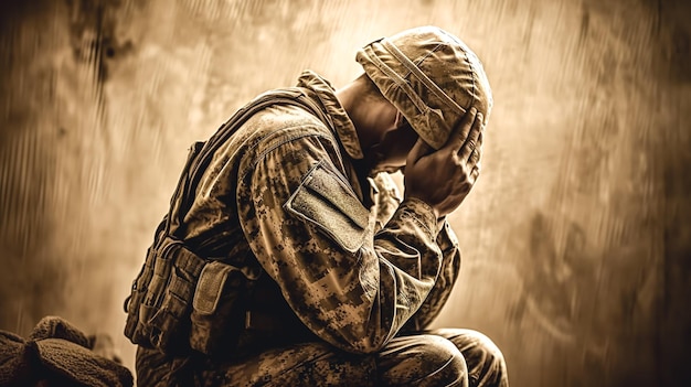 Photo the soldier is praying military illustration generative ai