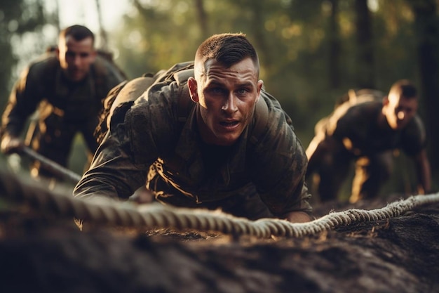 Photo a soldier is pulling a rope in a forest