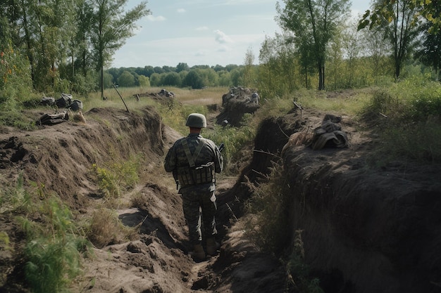 Солдат идет по окопной концепции войны в Украине