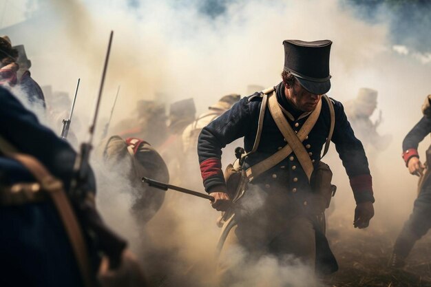 Photo a soldier is wearing a military uniform and has a sword in his hand