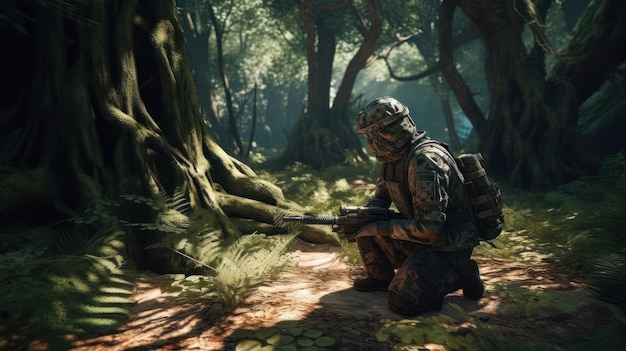 A soldier kneeling in a forest with a gun in his hand.