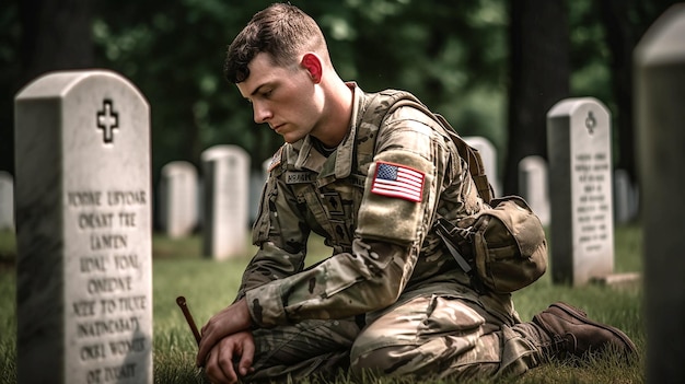 アメリカの国旗を腕に掲げて草の中にひざまずく兵士