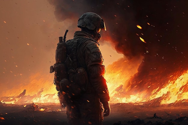 A soldier looking at a burning battlefield