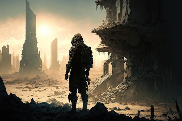 Soldier looking at destroyed city ruins in dystopian future Generative AI