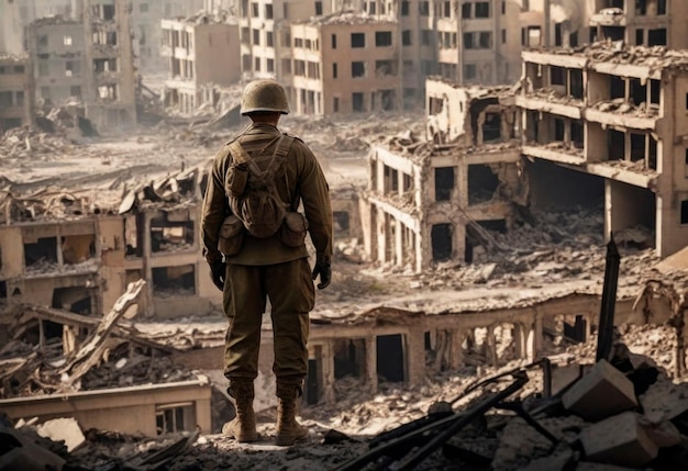 Soldier looking at a totally destroyed city after war AI Generative