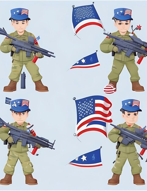 Soldier machine gun in uniform cartoon character set With USA national flag