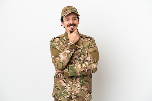 Soldier man isolated on white background looking to the side