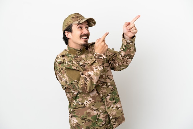 Soldier man isolated on white background pointing with the index finger a great idea