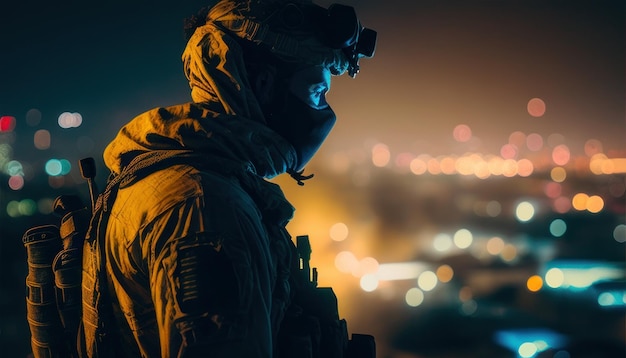 A soldier in a military uniform looks at the night city lights.