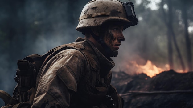 A soldier in a military uniform stands in front of a burning fire.