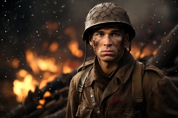 a soldier in a military uniform stands in front of a fire