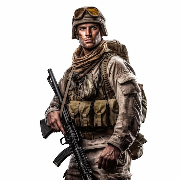 A soldier in a military uniform stands with a rifle.