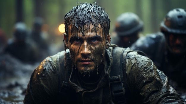 soldier in military uniform walking in the rain