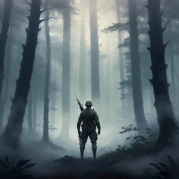 Soldier in a misty forest