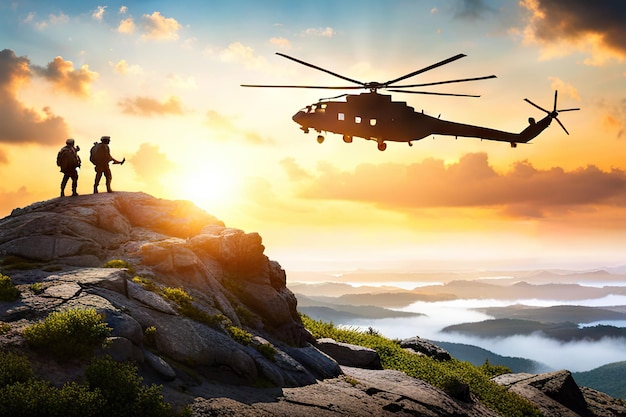 背景の空のコンセプトに対するヘリコプターの前の山上の兵士軍事行動と防衛生成AI