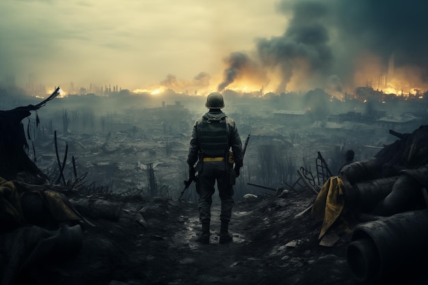 Солдат с видом на разорванный войной пейзаж