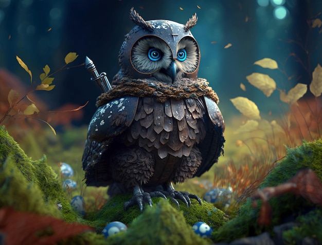 A soldier owl who is a Guardian of a magical forest Generative AI