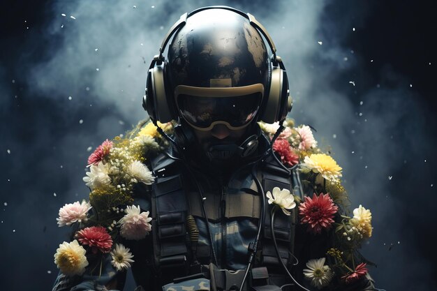 Foto elmo militare del soldato della pace adornato di fiori
