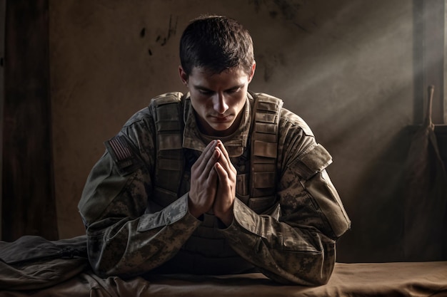 Photo a soldier praying in a dark room with light shining on him.