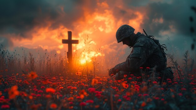 a soldier prays at the cross of a grave in a field