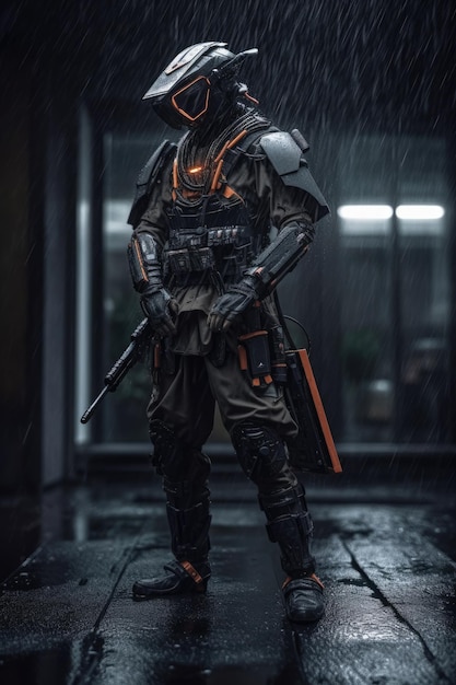 A soldier in a rain storm