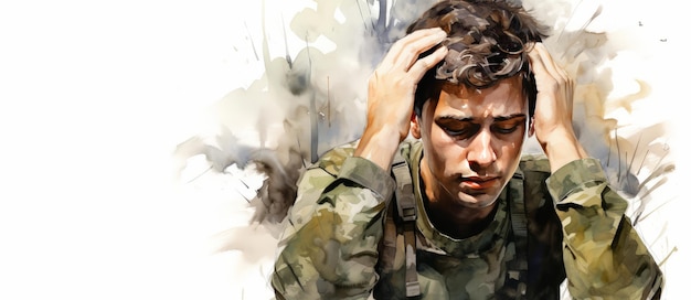 군인은 포격을 기억하고 외상 후 스트레스 장애 개념을 경험하고 있습니다. 수채화