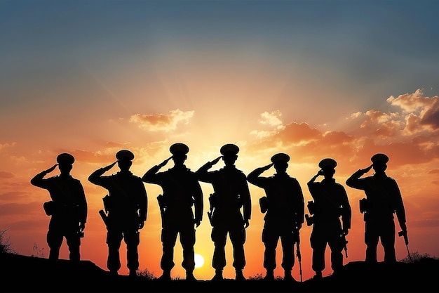 Soldier salute Silhouette on sunset sky War army military guard