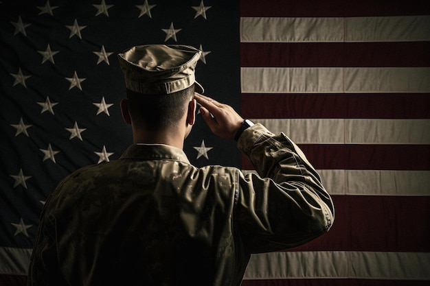 A soldier salutes the flag of the united states of america