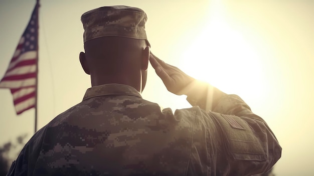 A soldier salutes the sky as the sun sets.