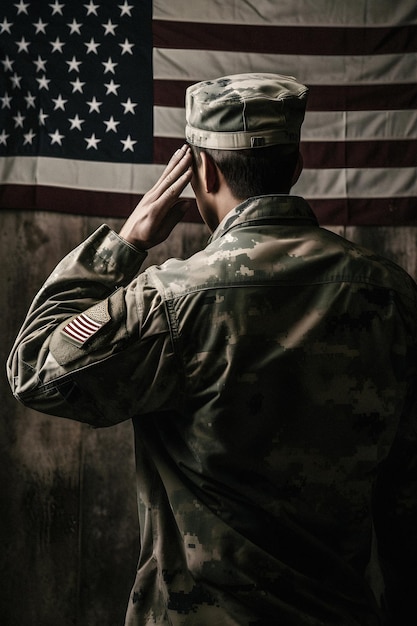 Soldier saluting a flag with the words u s army on it