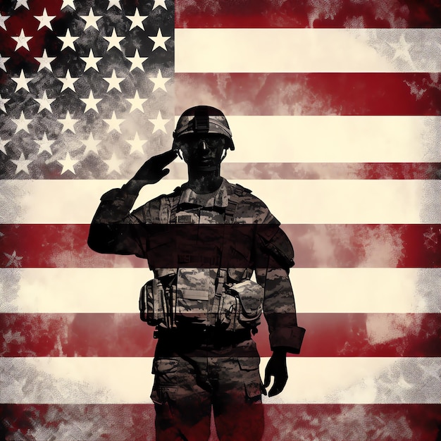 Photo a soldier saluting in front of a flag