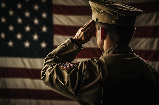 A soldier saluting in front of a flag