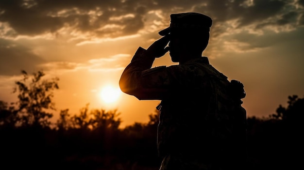 A soldier saluting in front of a sunset