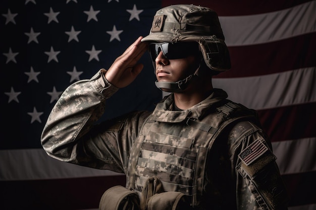 アメリカの国旗を背景に敬礼する兵士