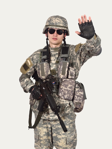 Soldier showing stop symbol