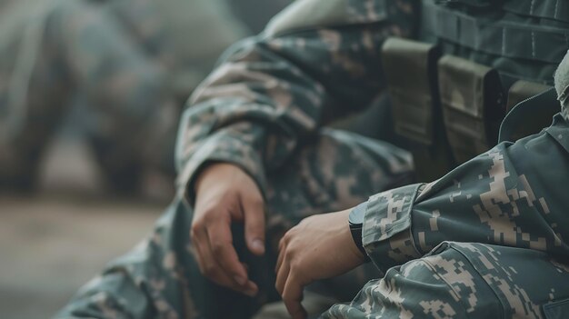 A soldier sits on a rock with his hands clasped in front of him He is wearing a camouflage uniform and a flak jacket His face is not visible